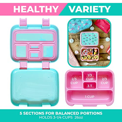 Kinsho Bento Lunch Box for Kids Toddlers, 5 Portion Control Sections, BPA Free Removable Plastic Tray, Pre-School Kid Toddler Daycare Lunches, Snack Container Ages 3 to 7 (Aqua Cat Mermaid) - color: Aqua Pink Cat Mermaid Bento