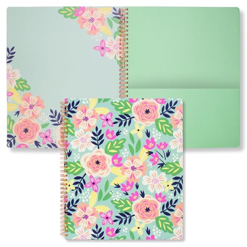 Steel Mill & Co. Cute Floral Large Spiral Notebook, Mint Flower | 11" x 9.5" Journal with Durable Hardcover, 160 College Ruled, Perforated Pages, Rounded Corners, and Pocket Page - color: Mint Floral