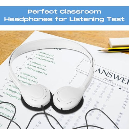 Yunsailing 30 Pack Bulk Over Ear Headphones Set On Ear Headsets Earphones with Adjustable Headband and 3.5mm Plug for Group Learning, Computer Lab, Library, Online Lesson (White) - color: White