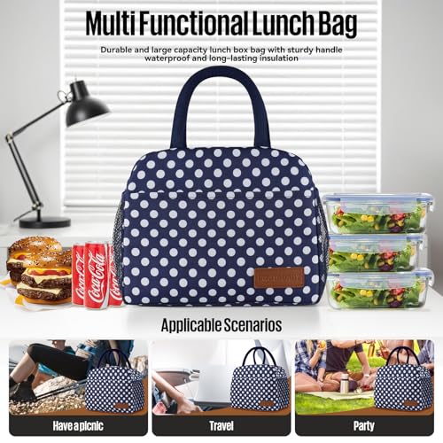 douyadady Lunch Bag Women/Men Lunch Box Women/Men (Blue+White dots) | Spacious Lightweight Waterproof Sturdy Durable Great Value For Office Work School Picnic Travel - color: Blue+White dots