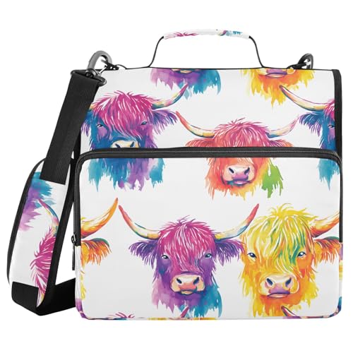 3 Ring Zipper Binder Colorful Highland Cow Binders Bag with Shoulder Strap 500 Sheets Paper Organizer Trapper Keeper Documents Storage File Folder for School Office - color: A1357