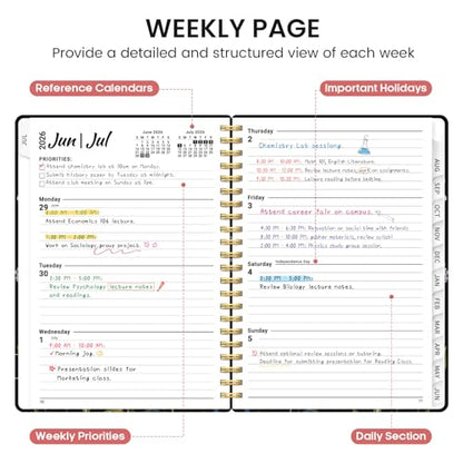 Planner 2026-2027, Academic Monthly and Weekly Calendar Planner for Women, July 2026 - June 2027, Hardcover Pretty Agenda Planner Book with Tabs, Spiral Daily Organizer for School Office Home Supplies, 6.3" x 8.5" - Peony Bloom - color: I-Peony Bloom, siz