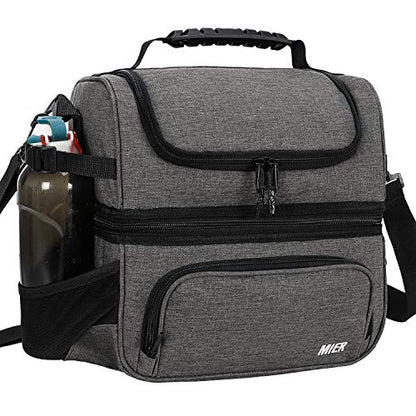 MIER Lunch Box for Men - Dual Compartment Adult Lunch Bag for Work, Grey | Leakproof & Insulated; Lunchbox Cooler Tote with Side Bottle Holder; Detachable Shoulder Strap with Pad; Multi-Pockets - color: Gray