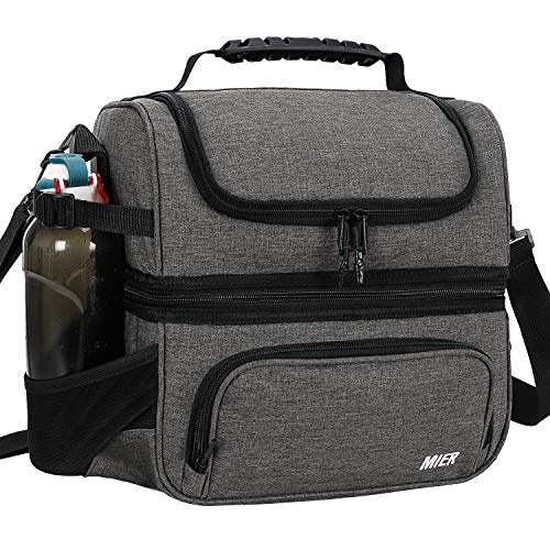 MIER Lunch Box for Men - Dual Compartment Adult Lunch Bag for Work, Grey | Leakproof & Insulated; Lunchbox Cooler Tote with Side Bottle Holder; Detachable Shoulder Strap with Pad; Multi-Pockets - color: Gray