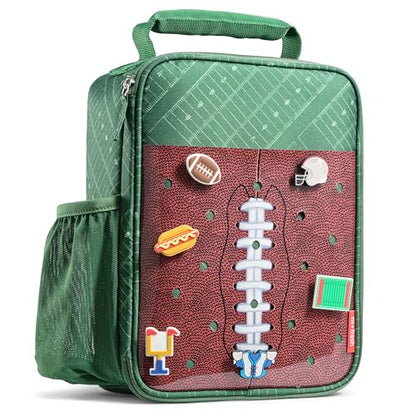 Fit & Fresh Customizable Charm Lunch Bag for Boys & Girls, Football Kids Lunch Box with 6 Sports Charms, Premium Insulated Reusable Lunch Tote for School - color: Green Football