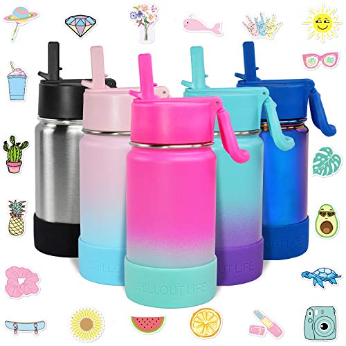 CHILLOUT LIFE 12oz Kids Insulated Stainless Steel Water Bottle with Leak Proof Straw Lid & 144 Stickers - color: Frozen Slushy, style: 12 oz