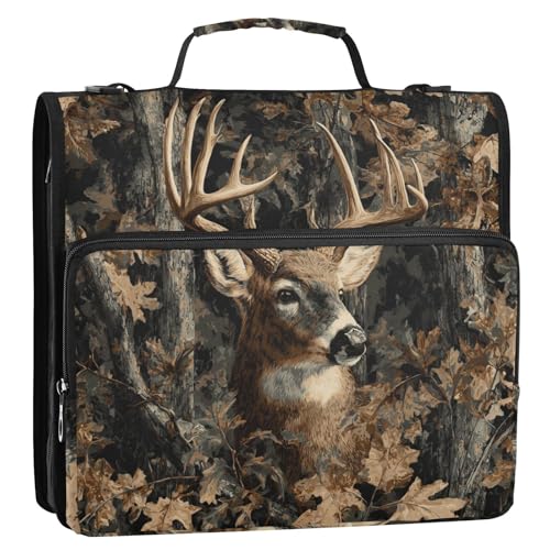 Cute Forest Camo Deer Zipper Binder Bag 3 Ring with Handle Shoulder Strap, Binder File Organizer Bag Storage Case for School Work Office