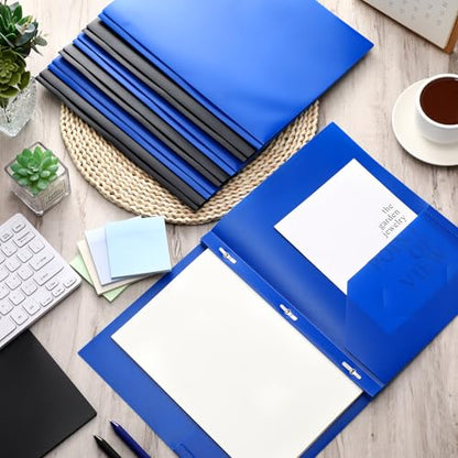 Cholemy 72 Packs Pocket Folders with Prongs Heavy Duty Plastic Folder with Business Card Slot 3 Prong Fasteners for School Office (Black,Blue) - color: Black, Blue