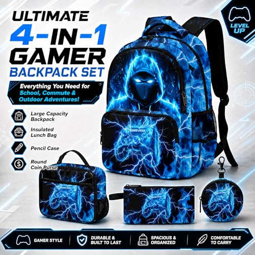 Game Backpack Set for Boys Kids, Gaming Kids Boys Backpack with Lunch Box, Pencil Bag and Coin Purse. Game School Bag 17" (Blue) - color: Blue-2