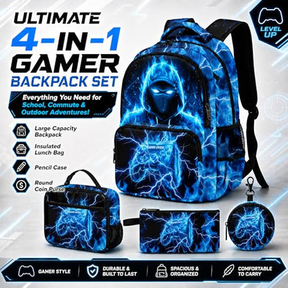 Game Backpack Set for Boys Kids, Gaming Kids Boys Backpack with Lunch Box, Pencil Bag and Coin Purse. Game School Bag 17" (Blue) - color: Blue-2