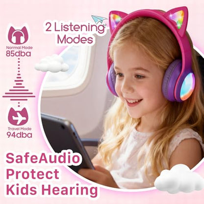 FosPower Kids Bluetooth 5.2 Headphones with LED Cat Ears (85/94dB Safe Volume Limit) Foldable Wireless or Wired Headset with 100hr Play Time and 3.5mm Cable for School/Travel - Hot Pink/Purple - color: 04 - Hot Pink/Purple (Bluetooth)