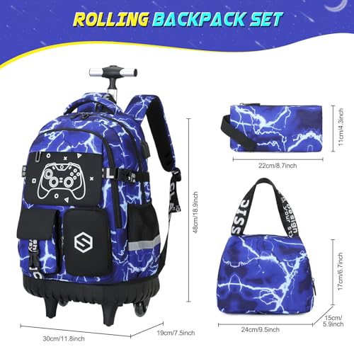 Scothen Rolling Backpack for Boys, Cool Luminous Gamer Roller School Backpacks for Boys with Lunch Bag and Pencil Pouch, Kids Backpack Bookbag with Wheels for Kindergarten Elementary Middle School - color: Blue-lightning