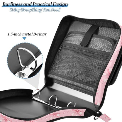 Zipper Binder Bag 3 Ring File Folder Portfolio Organizer Zippered Binder Bags with Strap Fits Laptop Women Men - color: 22-pink Ribbon Bow
