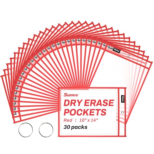SUNEE 30 Packs Oversized Reusable Dry Erase Pocket Sleeves with 2 Rings, Red 10x14 Ticket Holders, Clear Plastic Sheet Protectors, Teacher School Classroom Supplies - color: Red, style: 30 Pack