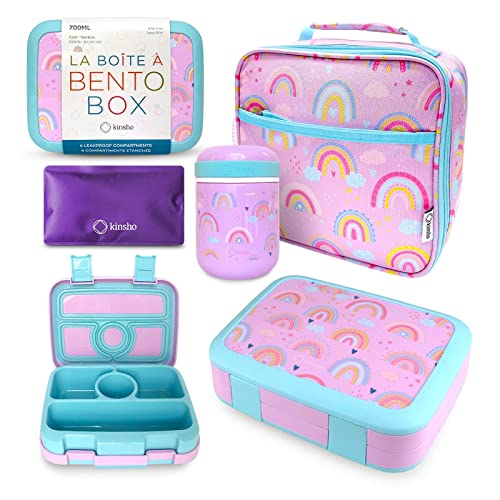 kinsho Kids Bento Lunch Box Set with Thermo, Bag & Ice Pack Purple Rainbow | 4 Compartment Container, Stainless Steel Food Jar for Hot Soup, Snacks, Daycare or School Lunches for Toddlers & Small Girls - color: Rainbow Set