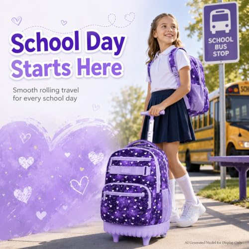 3Pcs Rolling Backpack for Girls, 19" Kids Wheeled Bookbag with Lunch Box, Roller Bag for Elementary Travel (Purple) - color: Starry Sky Purple