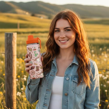 Cowgirl Water Bottle 18oz for Women Girls – Stainless Steel Travel Coffee Mug Cup with Lids – Gift for Birthday Christmas, Cow Print Gifts for Cowgirls Cowboys - color: Cowboy