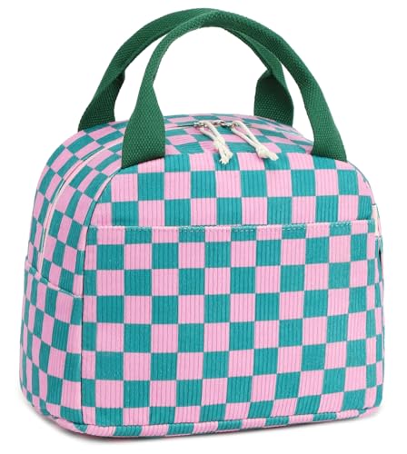 LEDAOU Kids Lunch Bag for Girls, Insulated School Lunch Box, Lightweight | Insulated interior, lightweight design, front pocket, smooth dual zippers, ideal for school and travel - color: Corduroy Pink Green Grid