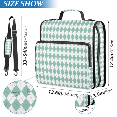 Green White Diamond Checkered Plaid Striped Binder Bag 3 Ring Zipper Binders with Shoulder Strap for School Office Organizer Storage - color: Q012