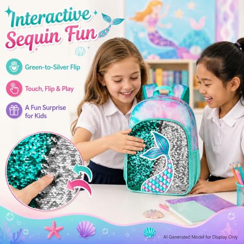 gxtvo 3PCS Girls Backpack, 16" Sequin Prechool Elementary Bookbag and Lunch Box - color: Fish Tail Green