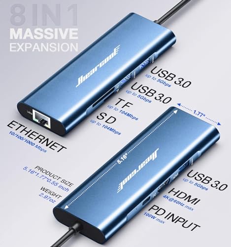 Hiearcool USB C Hub, USB C Dock with Ethernet, 4K@60 HDMI, Midnight Blue - color: Midnight Blue