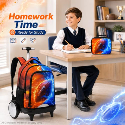 AGSDON Quiet Rolling Backpack with Lunch Box Set – Large‑Wheel Water‑Resistant Wheeled Bag for School, Outings, and Travel | Fire-Lightning Rugby 3‑Piece Organizer Backpack - color: Big Wheel Rolling Backpack Fire-lightning Rugby