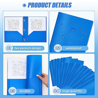 Yeaqee 60 Pcs Blue Plastic Folders with Pockets and Prongs Plastic Folder 2 Pockets 3 Prongs with Business Card Slot Back to School Folders for Students, Teachers, Office Workers - color: Blue