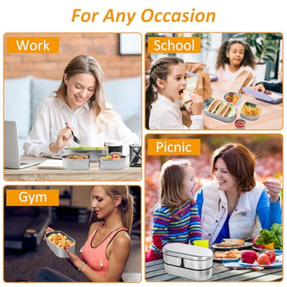 Stainless Steel Bento Box, Stackable & Leakproof Lunch Box, 3 Compartment Food Storage Containers，Microwave/Dishwasher Safe Bento Lunch Box for Work/Travel