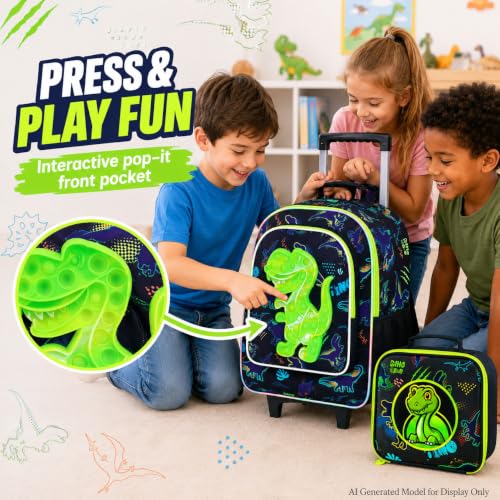 CCJPX 3PCS Dinosaur Rolling Backpack for Boys, 18" Kids Dinosaur Backpacks with Roller Wheels, Wheeled Bookbag with Lunch Box for Toddler Elementary School (Black) - color: Black Green Dinosaur