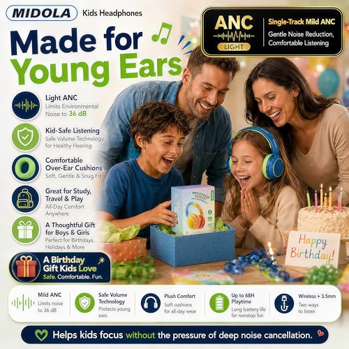 MIDOLA Kids Wireless Headphones Active Noise Cancelling Lightweight Bluetooth Headphone for Kid,Volume Limited 85/94dB Foldable Over-Ear Headset with Mic,68 Hours Playtime,for Toddler Child Green - color: Green