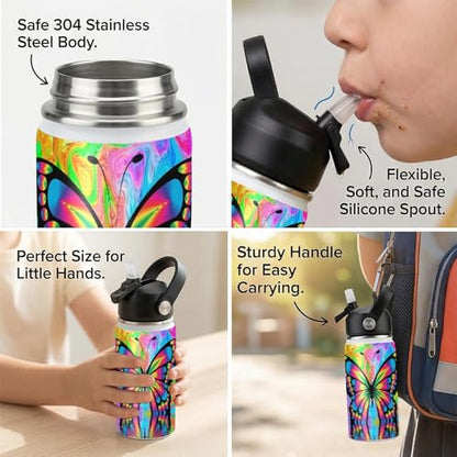 Butterfly Kids Water Bottle 12oz Stainless Steel Insulated Bottle Vacuum Leak Proof Straw Lid with Double Wall BPA Free School (Color3) - color: Color3