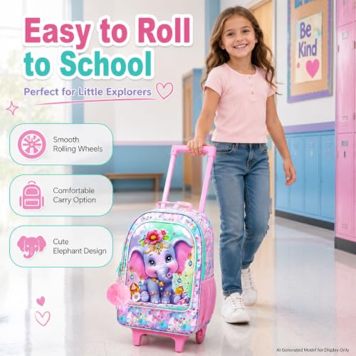 3Pcs Rolling Backpack for Girls, Elephant Roller Bookbag with Lunch Box, Kids School Backpacks with Wheels for Elementary Preschool(Pink) - color: Elephant Pink