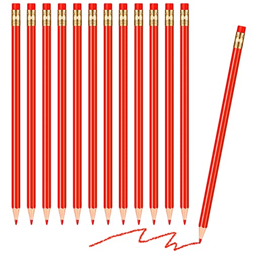 Chinco 12 Pieces Red Pencils with Eraser for Kids HB Erasable Pencils Pre-sharpened Wooden Pencil Correcting for Students School Writing Drawing Checking - color: Red