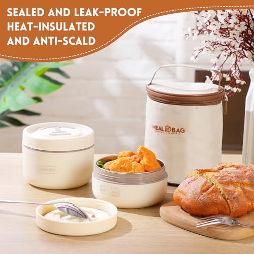 Dandat 2 Pcs Portable Insulated Lunch Containers Thermal Bento Box with Bag Fork Knife Stainless Steel Lunch Box 15.2 oz 21 oz Separate Stackable Food Jar for Adult Men Women(Beige) - color: Beige