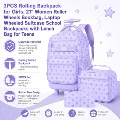 3Pcs Rolling Backpack for Girls Women, School Kids Roller Bookbag with Wheels, Wheeled Backpacks Set for Elementary (Purple) - color: Star Purple