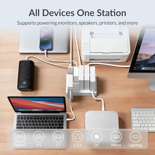 Gitryin Modular Laptop Charging Station, 140W, 4*40W Retractable Lightning, Micro USB, USB C Chargers, 1 Lightning, 1 Micro USB, 1 USB A Port, 7 USB C Ports with Cooling Power Strip, 300W Charging Hub