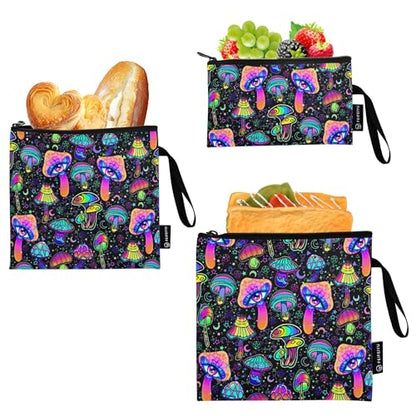 Reusable Food Storage Bags Magic Mushrooms 3 Pack Set Lunch Bag Compact Sandwich Snack Bag Small Medium Large for Lunch, Travel & Organization - color: Bag 25