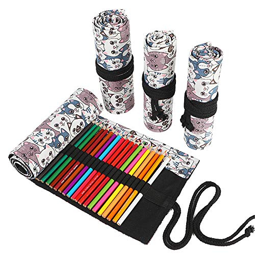 Funny live 24/36/48/72 Slots Colored Pencil Wrap Roll up Pen Holder Case Drawing Coloring Pencil Roll Organizer Stationery Case for Student Artist Traveler (Big-Head Cats, 36 Slots) - color: Big-Head Cats, size: 36 Slots