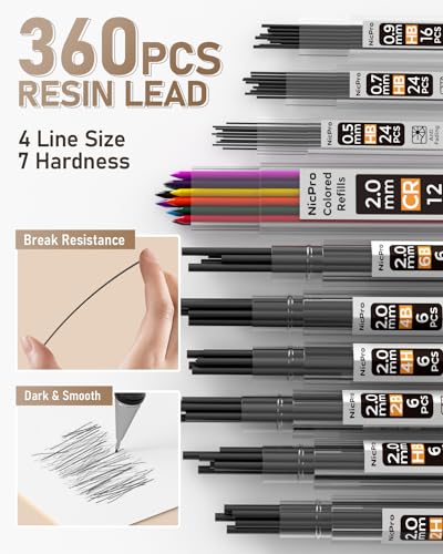 Nicpro 35PCS Art Mechanical Pencil Set, 3 PCS Metal Drafting Pencil 0.5 mm & 0.7 mm & 0.9 mm & 3 PCS 2mm Lead Holder (6B 4B 2B HB 2H 4H Colors) For Sketching Drawing With 20 Tube Lead Refills Case - color: Black, style: 0.5 0.7 0.9 2.0