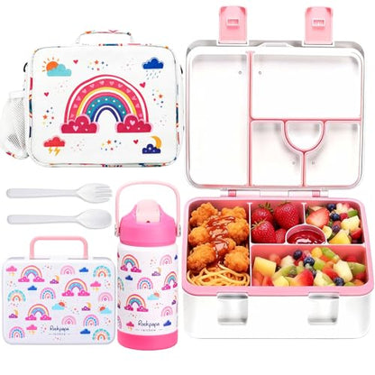 rockpapa Kids Lunch Box Set with 14oz Insulated Water Bottle & Lunch Bag, Leakproof 5.5 Cups Bento Box for School & Children, BPA-Free, Microwave Safe for Boys Girls (White Rainbow) - color: White Rainbow