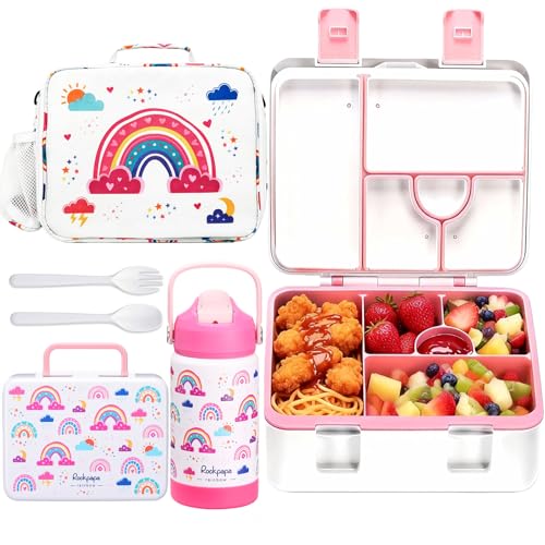 rockpapa Kids Lunch Box Set with 14oz Insulated Water Bottle & Lunch Bag, Leakproof 5.5 Cups Bento Box for School & Children, BPA-Free, Microwave Safe for Boys Girls (White Rainbow) - color: White Rainbow