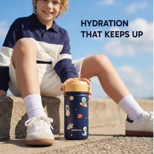 Seallama. Kids Water Bottle -14 oz Stainless Steel Tumbler with Straw Lid, Vacuum Insulated Double Wall Travel Cup, Leak-Proof Reusable Drink Bottle for School & Everyday Hydration - color: Cosmo Croc