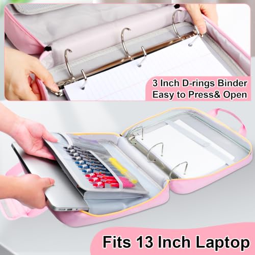 3 Inch D-Ring Zipper Binder Bag, 700 Sheet Capacity Multi-Pockets Organizer, 13 Inch Laptop Carrying Case with Bottle Holder& Shoulder Strap for School Office (Pink) - color: Vibrant Pink