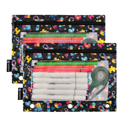 Autism Pencil Pouch for 3 Ring Binder, Binder Pencil Pouches with Clear Window Zipper Pencil Case for Office College Supplies, 2PCS (B0318) - color: B0318