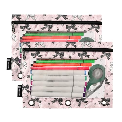 Binder Pencil Pouches Bows Cosmetic Bags 2 Pack | Clear Window 3 Rings, Cosmetic Bags School Office Supplies Cosmetic Makeup Bag 2 Psc - color: Multi-Pink Bows
