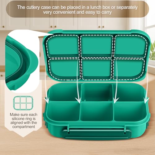 Amathley Lunch Box Kids Girls Boys,Bento Box Adult,Toddler Lunch Containers for School,Leakproof Snack Containers with 6 Compartments,Sauce Container,10 Food Picks and 4 Muffin Cups (Green) - color: Green