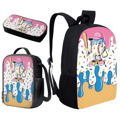 Cartoon Baseball Kids Backpack Set 3Pcs with Lunch Box Pencil Case Kids Backpack for Boys Portable Lunch Bag for Elementary Primary Middle School Bookbag - color: Cartoon Baseball