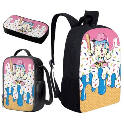 Cartoon Baseball Kids Backpack Set 3Pcs with Lunch Box Pencil Case Kids Backpack for Boys Portable Lunch Bag for Elementary Primary Middle School Bookbag - color: Cartoon Baseball