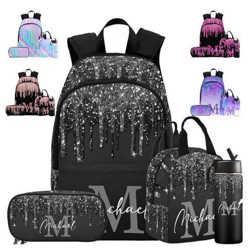 MyPupSocks Custom Name Backpack Bag for Boys Girls, Personalized Black Glitter Drip with Initial Schoolbag Casual Backpack Customized Bookbag or Lunch Bag for Kids Unisex Back School Camping Travel - color: Multi 01