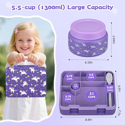Bento Lunch Box Kids and 9oz Soup Thermos – 5.5-Cup Leakproof Kids Bento Box with Ice Pack & 9oz Insulated Food Jar – Hot & Cold Food Lunch Container for Boy Girl School, Purple Set - color: Purple Set